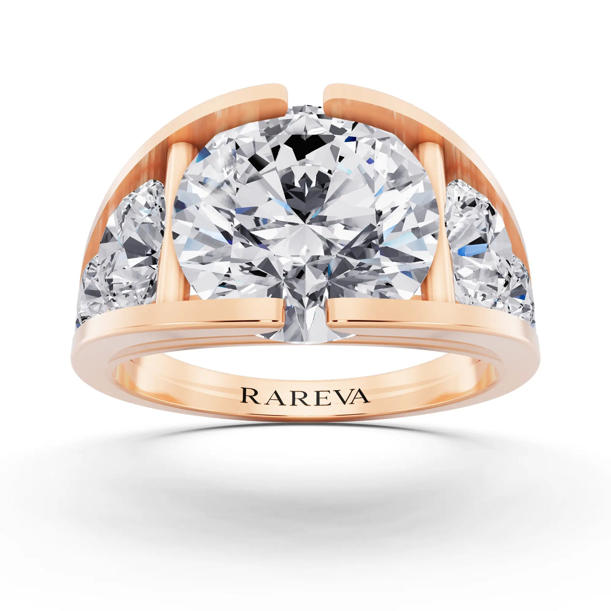 18 KT Rose Gold Round Cut Diamond Ring with Graduated Side Stones - Front