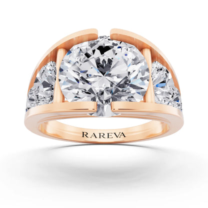 18 KT Rose Gold Round Cut Diamond Ring with Graduated Side Stones - Front