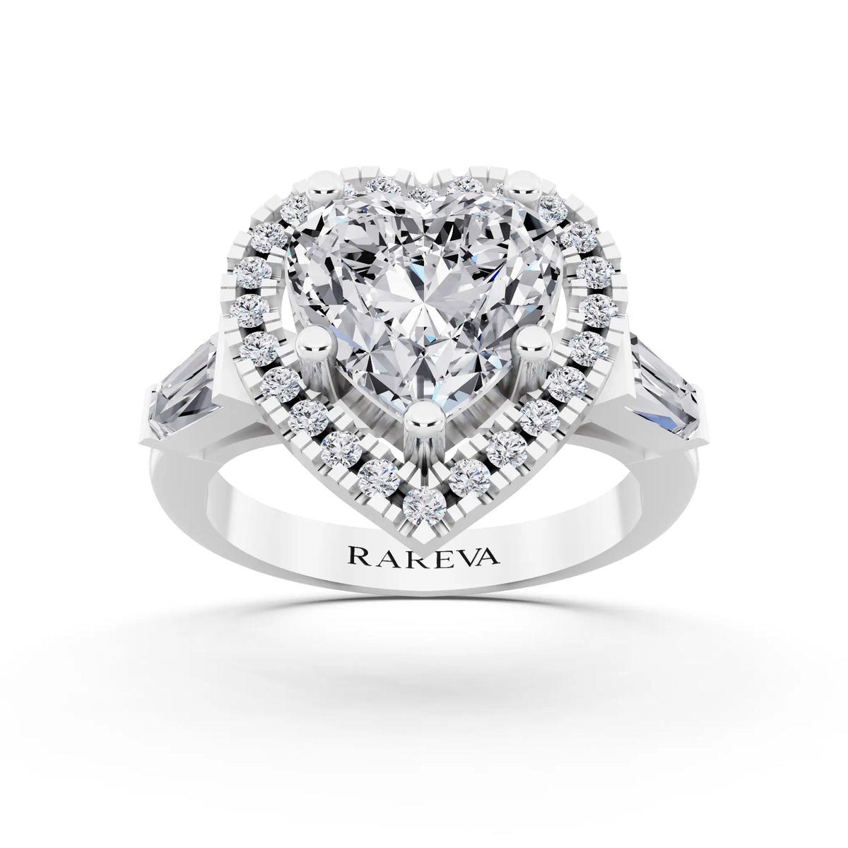 18 KT White Gold Heart Cut Diamond Halo Ring with Baguette Accents - front view