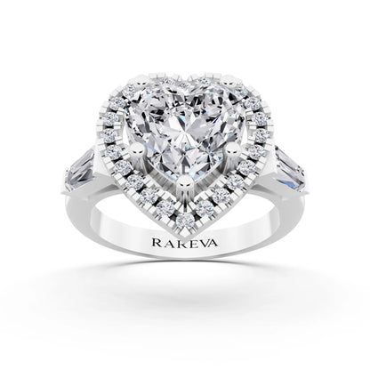 18 KT White Gold Heart Cut Diamond Halo Ring with Baguette Accents - front view