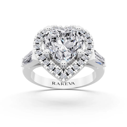 18 KT White Gold Heart Cut Diamond Halo Ring with Baguette Accents - front view