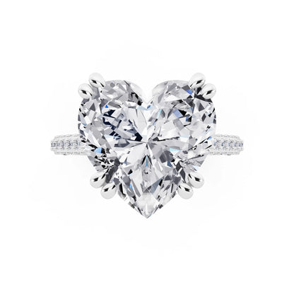 14 KT White Gold Heart Cut Diamond Hidden Halo Double Claw Pave Band Ring - top angle
