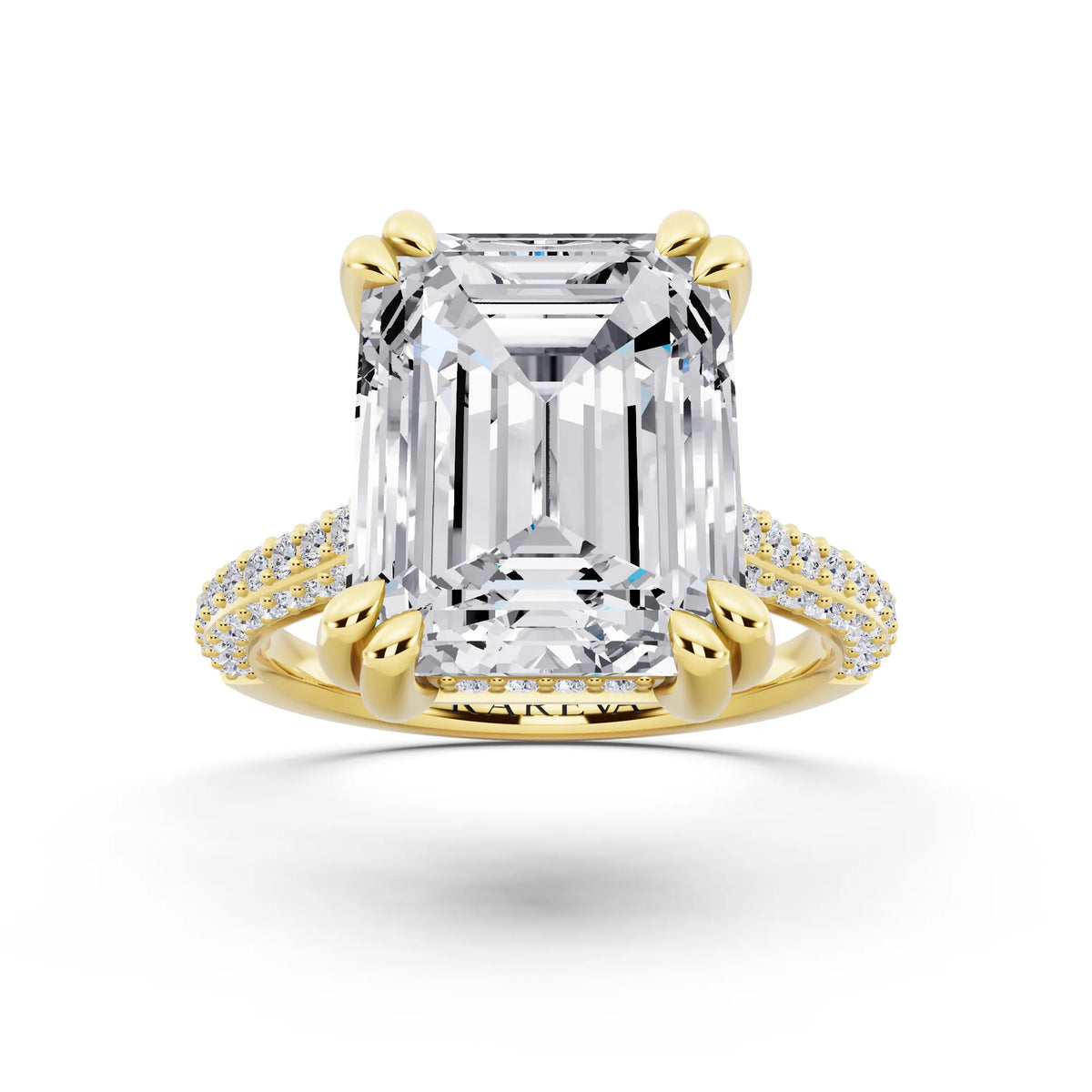 14 KT Yellow Gold Emerald Cut Diamond Hidden Halo Double Claw Pave Band Ring - front view