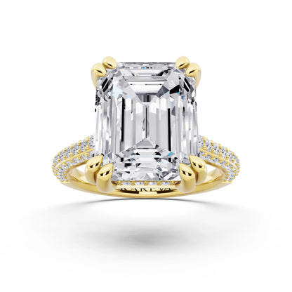 14 KT Yellow Gold Emerald Cut Diamond Hidden Halo Double Claw Pave Band Ring - front view