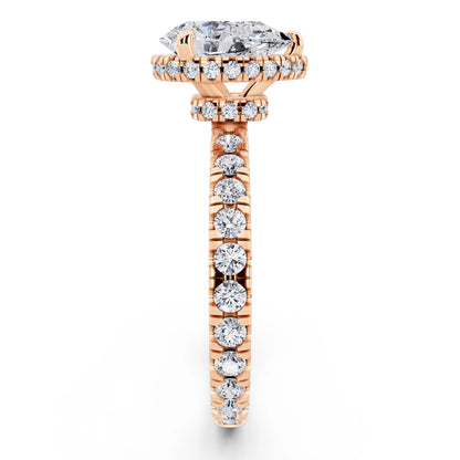 18 KT Rose Gold Pear Cut Diamond Hidden Halo Ring with Pave Band - side view