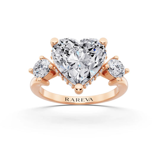 18 KT Rose Gold Heart Cut Diamond Three Stone Engagement Ring with Hidden Halo - front view