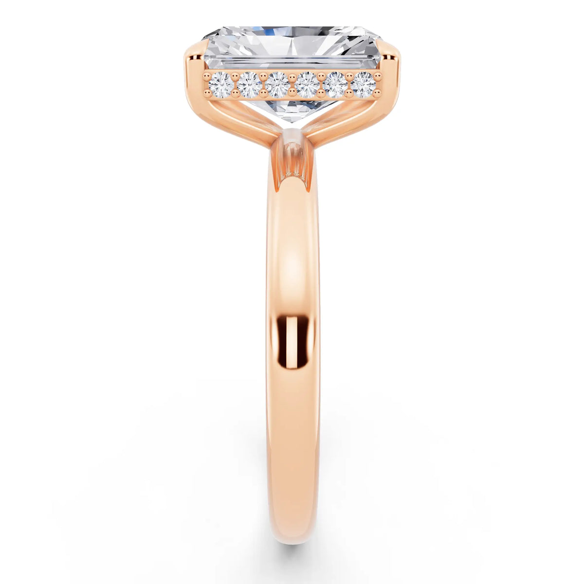 14 KT Rose Gold Radiant Cut Diamond Hidden Halo Solitaire Ring - side view