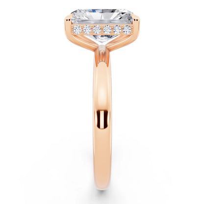 14 KT Rose Gold Radiant Cut Diamond Hidden Halo Solitaire Ring - side view