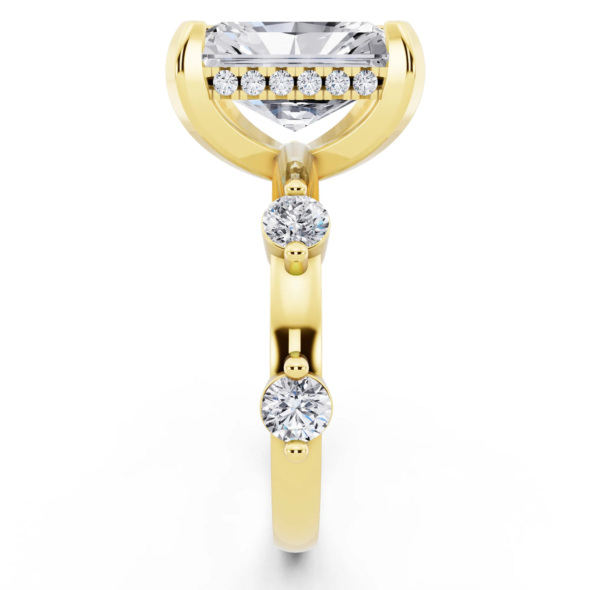18 KT Yellow Gold Radiant Cut Diamond Solitaire Ring with Floating Diamond Accents - side view