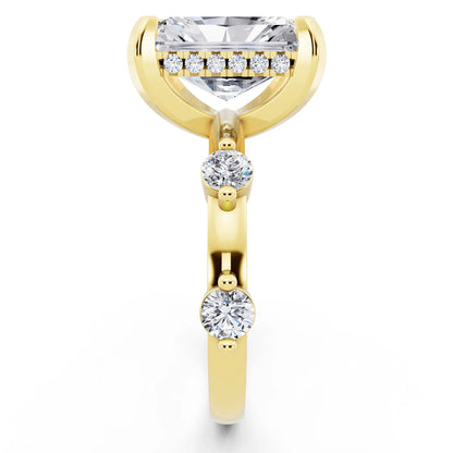 18 KT Yellow Gold Radiant Cut Diamond Solitaire Ring with Floating Diamond Accents - side view