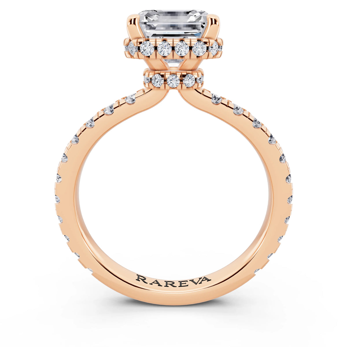 18 KT Rose Gold Asscher Cut Diamond Hidden Halo Ring with Pave Band - through finger