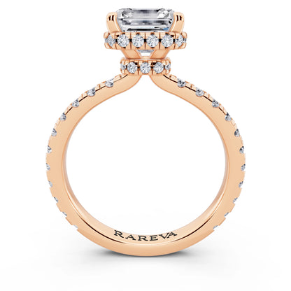 18 KT Rose Gold Asscher Cut Diamond Hidden Halo Ring with Pave Band - through finger