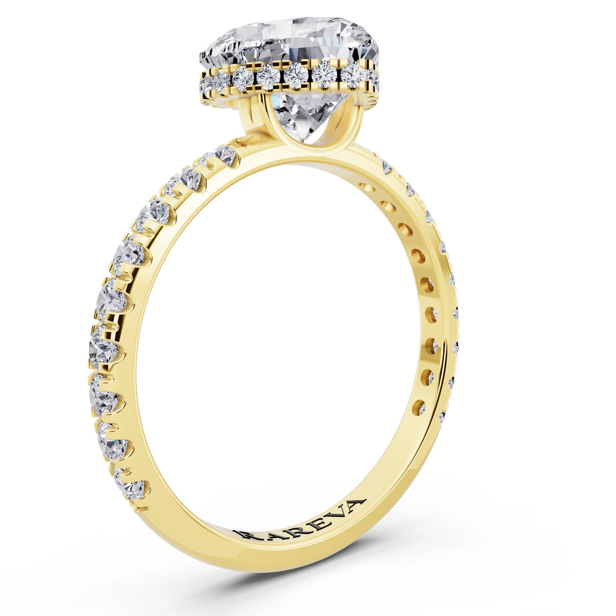 14 KT Yellow Gold Heart Cut Diamond Solitaire Ring with Hidden Halo and French Pave Band - top view