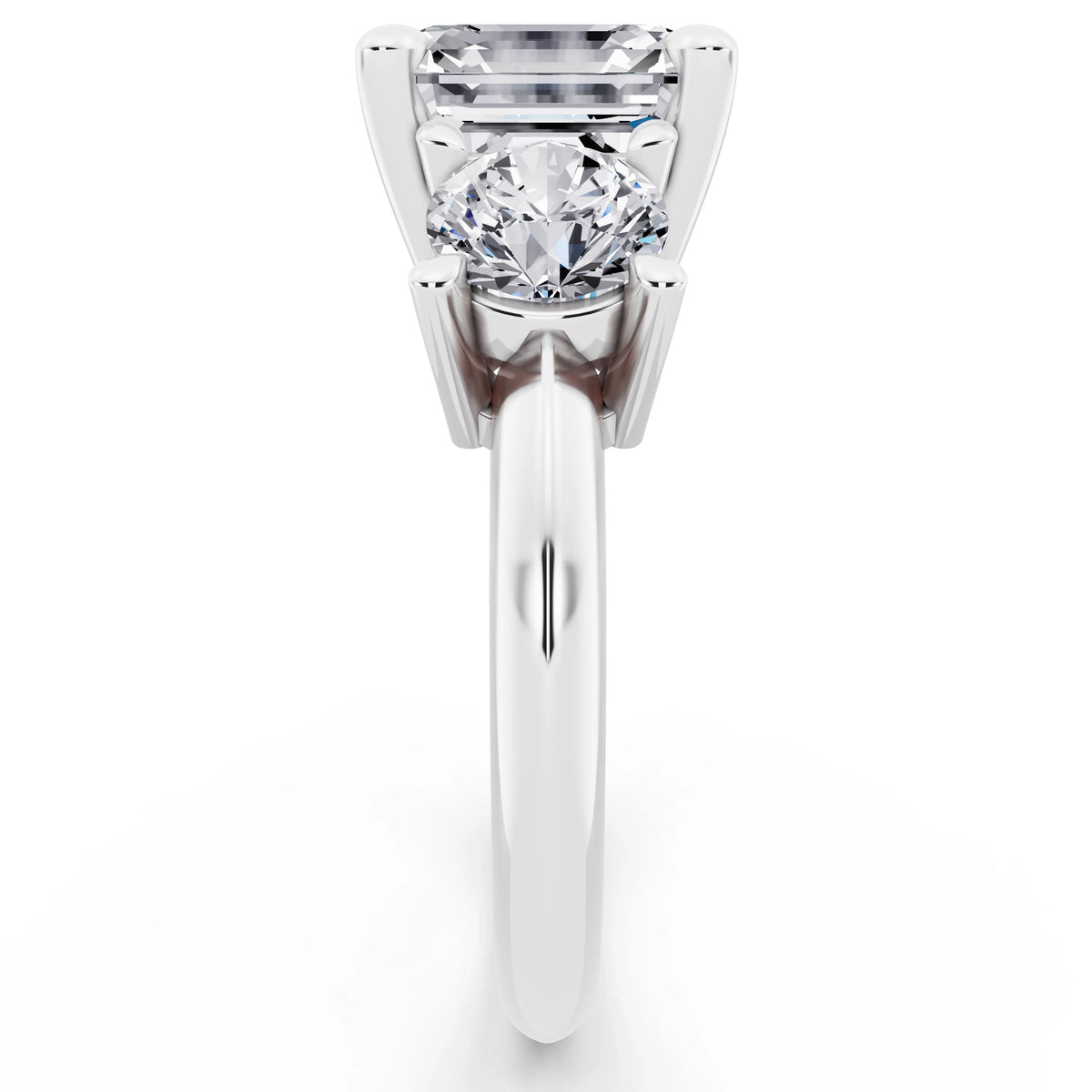 14 KT White Gold Asscher Cut Diamond Three Stone Ring with Round Accents - side view
