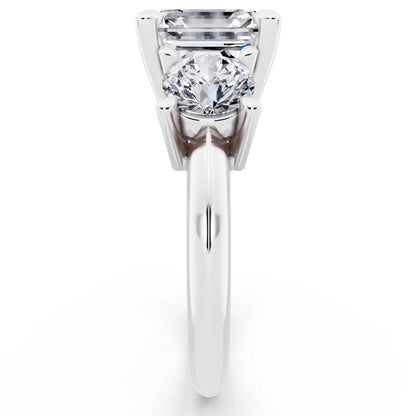 14 KT White Gold Asscher Cut Diamond Three Stone Ring with Round Accents - side view