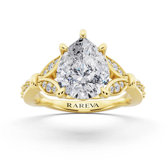 14 KT Yellow Gold Pear Cut Diamond Ring with Lotus Collar - front view