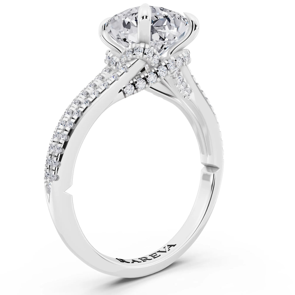 14 KT White Gold Cushion Cut Diamond Ring with Pavé Split Shank - top view