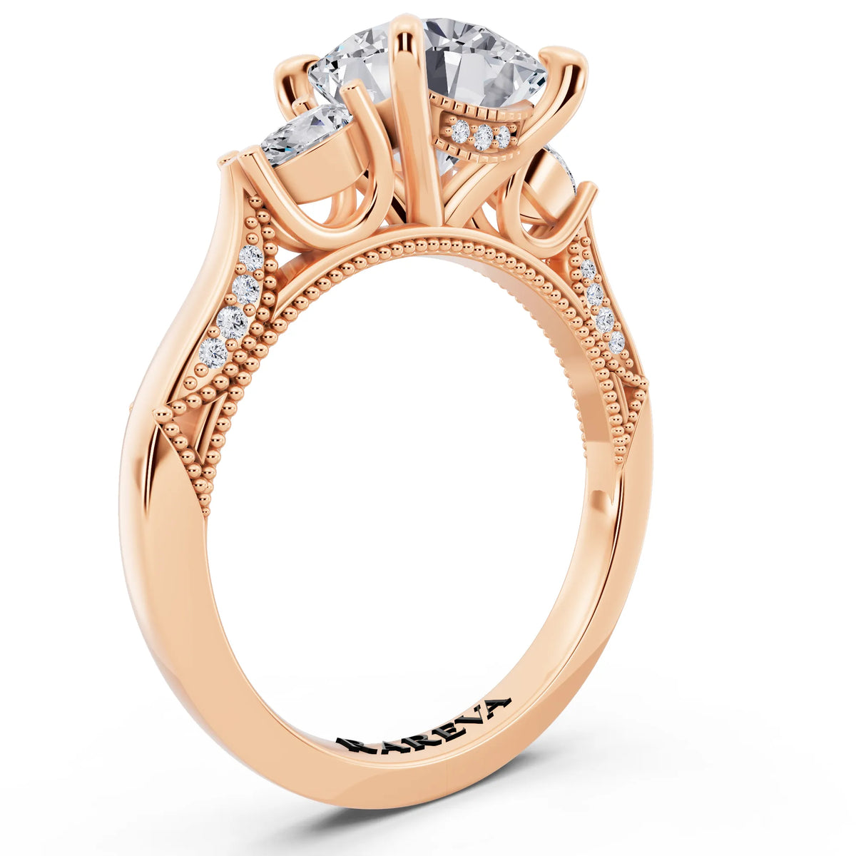 14 KT Rose Gold Round Cut Diamond Three Stone Pear Accent Vintage Pave Ring - top view