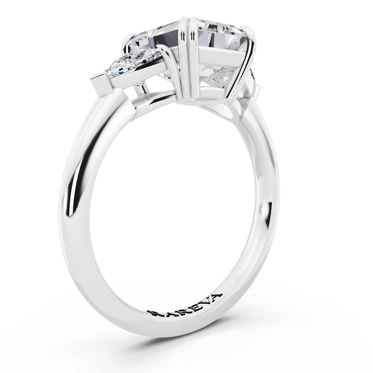 14 KT White Gold Emerald Cut Diamond Three Stone Ring with Trillion Accents - top view