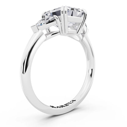 14 KT White Gold Emerald Cut Diamond Three Stone Ring with Trillion Accents - top view