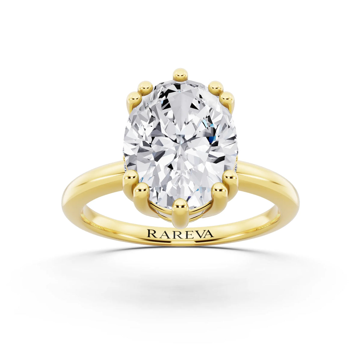 18 KT Yellow Gold Oval Cut Diamond Solitaire Ring with Hidden Accent Basket - front view