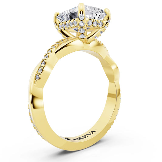 18 KT Yellow Gold Radiant Cut Diamond Hidden Halo Ring with Twisted Pave Band - top view
