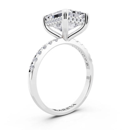 14 KT White Gold Emerald Cut Diamond Solitaire Ring with Round Pavé Band and Prong Setting - top view