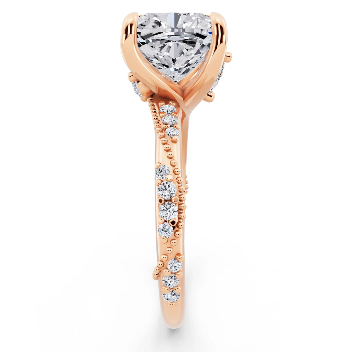 18 KT Rose Gold Cushion Cut Diamond Ring with Marquise Accent - side view