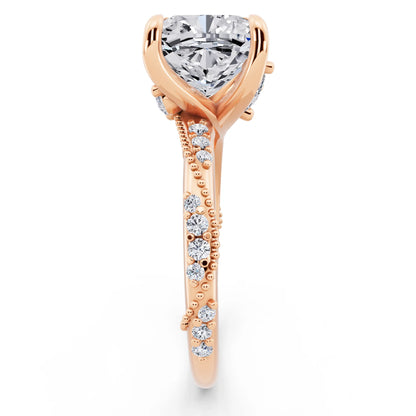 18 KT Rose Gold Cushion Cut Diamond Ring with Marquise Accent - side view