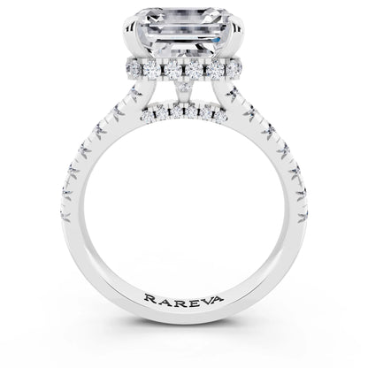 Platinum Asscher Cut Diamond Ring with Hidden Halo - through finger