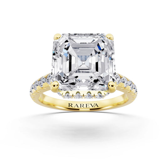 14 KT Yellow Gold Asscher Cut Diamond Ring with Hidden Halo - front view
