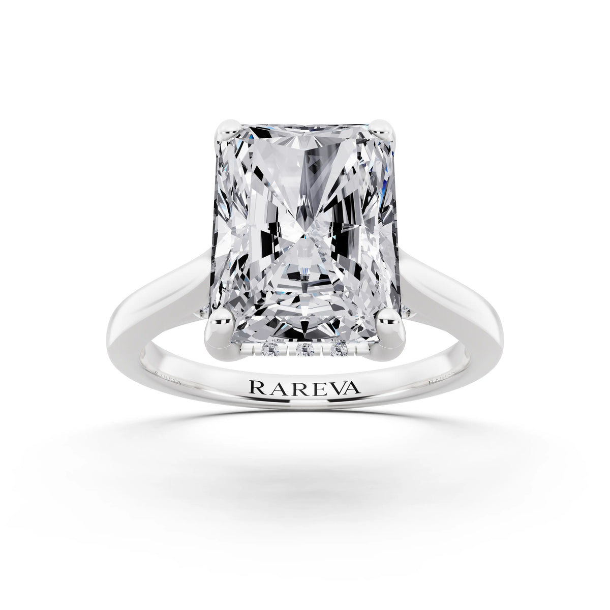 18 KT White Gold Radiant Cut Diamond Solitaire Ring with Cathedral Band - front view