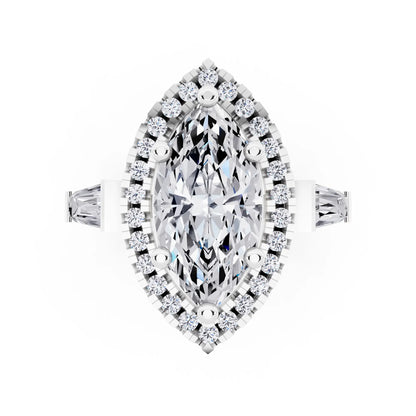 Platinum Marquise Cut Diamond Halo Ring with Baguette Accents - top angle