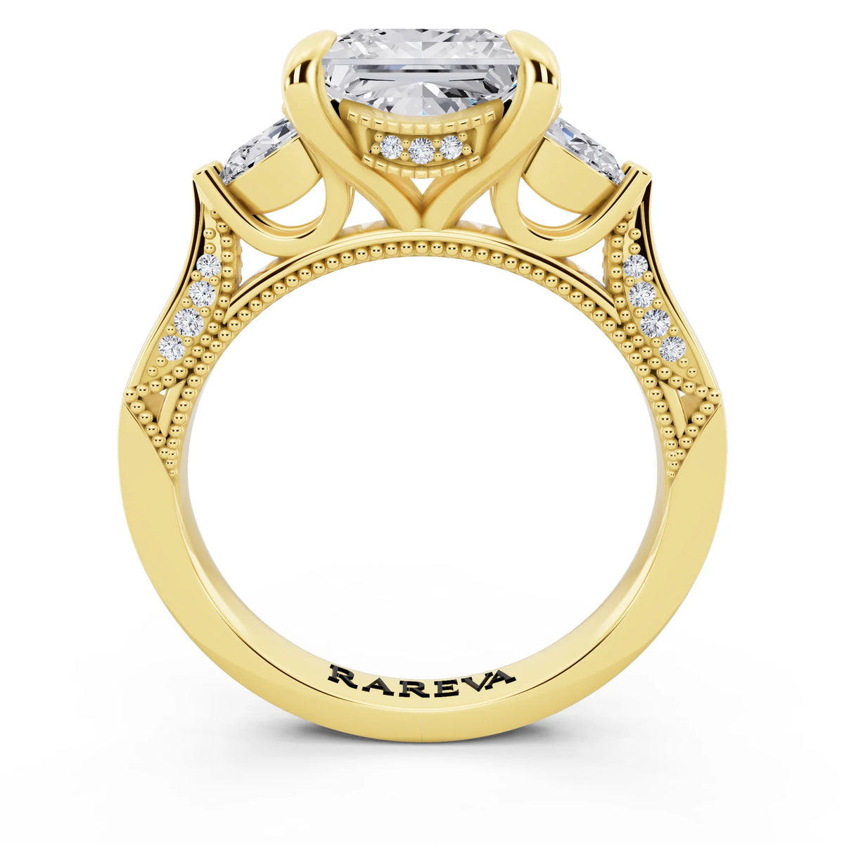 18 KT Yellow Gold Princess Cut Diamond Three Stone Pear Accent Vintage Pave Ring - through finger