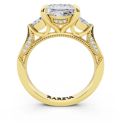 18 KT Yellow Gold Princess Cut Diamond Three Stone Pear Accent Vintage Pave Ring - through finger