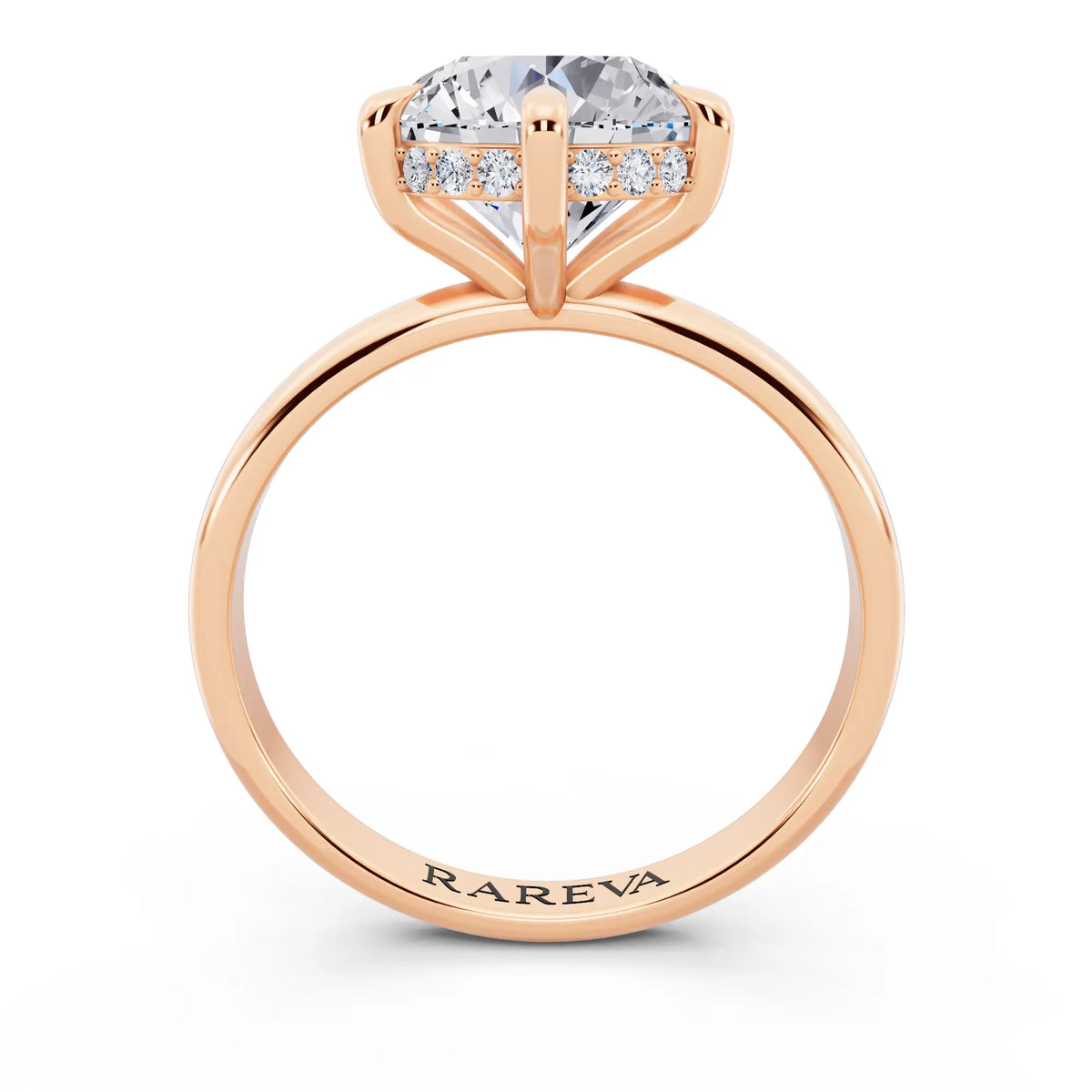 14 KT Rose Gold Round Cut Diamond Hidden Halo Solitaire Ring - through finger