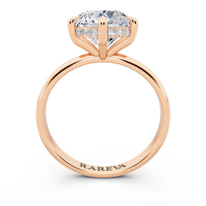 14 KT Rose Gold Round Cut Diamond Hidden Halo Solitaire Ring - through finger