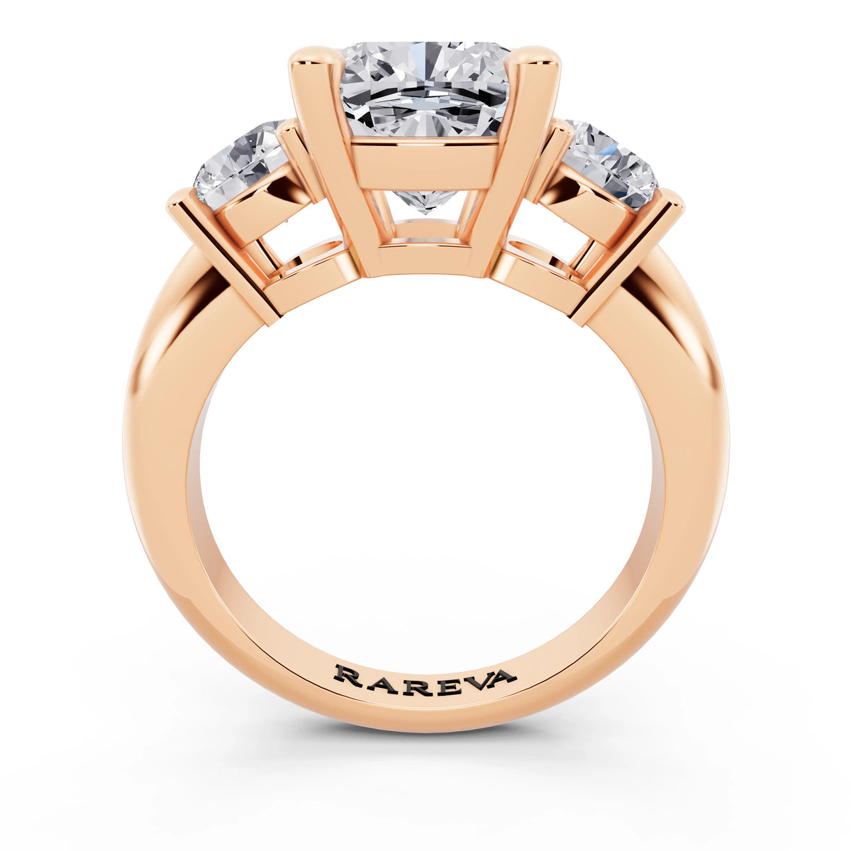 14 KT Rose Gold Cushion Cut Diamond Three Stone Ring with Round Accents - through finger
