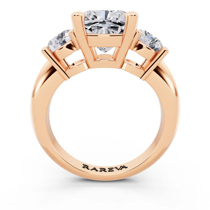 14 KT Rose Gold Cushion Cut Diamond Three Stone Ring with Round Accents - through finger