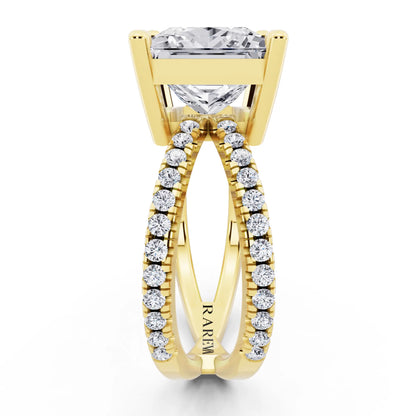 14 KT Yellow Gold Princess Cut Diamond Ring with Twisted Split Shank - side view