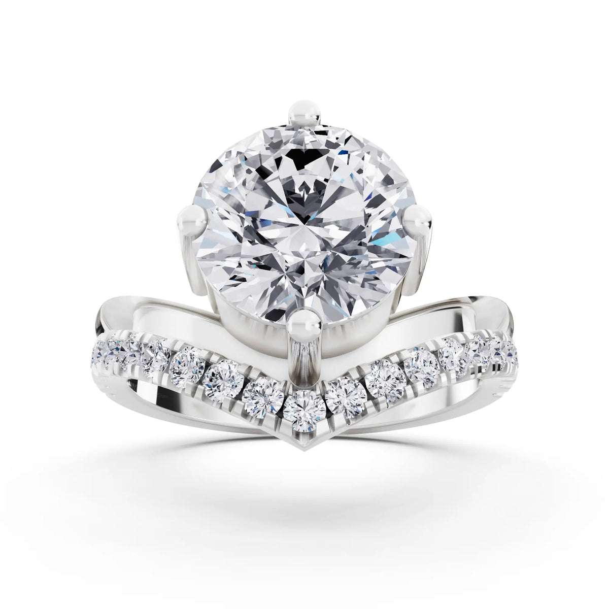 Platinum Round Cut Diamond Solitaire Ring with Pave V Band - Front