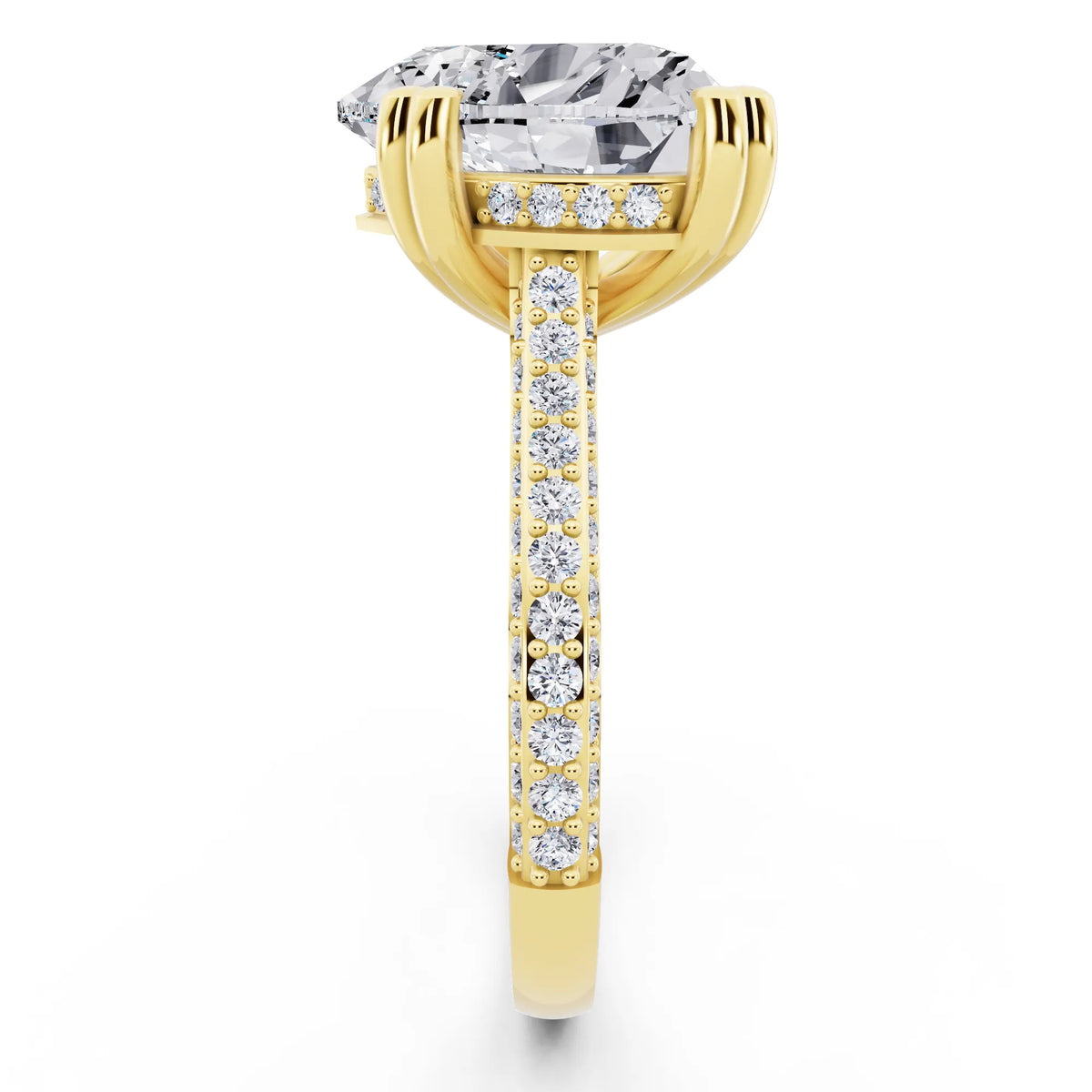 18 KT Yellow Gold Heart Cut Diamond Hidden Halo Double Claw Pave Band Ring - side view