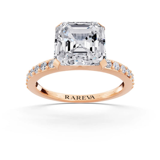 14 KT Rose Gold Asscher Cut Diamond Solitaire Ring with Pave Shank - front view