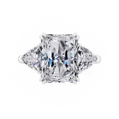 18 KT White Gold Radiant Cut Diamond Three Stone Ring with Trillion Accents - top angle