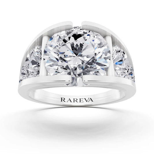 14 KT White Gold Round Cut Diamond Ring with Graduated Side Stones - Front