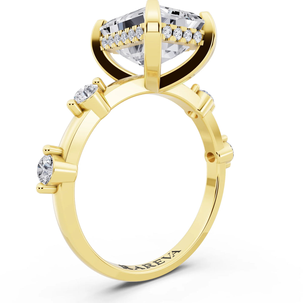 18 KT Yellow Gold Emerald Cut Diamond Solitaire Ring with Floating Diamond Accents - top view