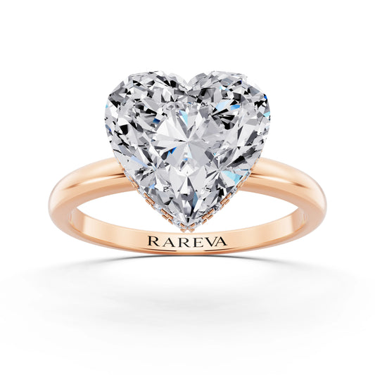 18 KT Rose Gold Heart Cut Diamond Solitaire Ring with Hidden Halo - front view