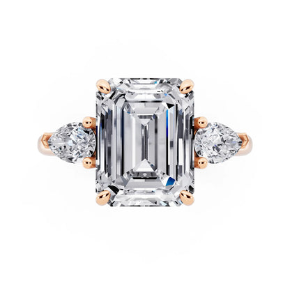 14 KT Rose Gold Emerald Cut Diamond Three Stone Pear Accent Ring - top angle