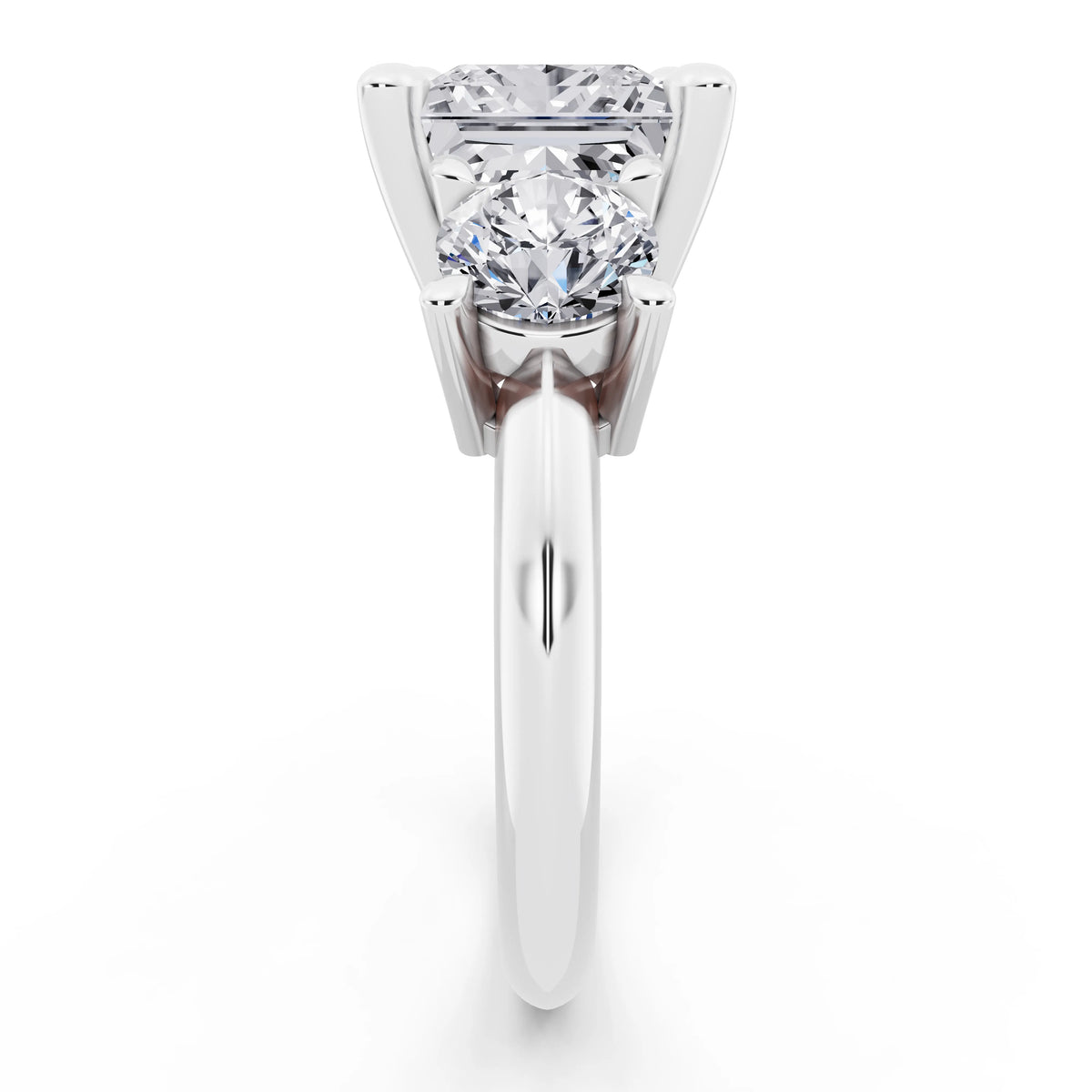 14 KT White Gold Princess Cut Diamond Three Stone Ring with Round Accents - side view