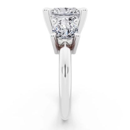 14 KT White Gold Princess Cut Diamond Three Stone Ring with Round Accents - side view